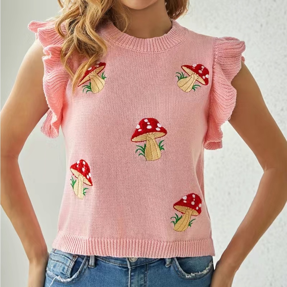 VINTAGE INSPIRED PINK RED & WHITE POLKADOT RUFFLE MUSHROOM SWEATER KNIT TOP - Picture 3 of 6
